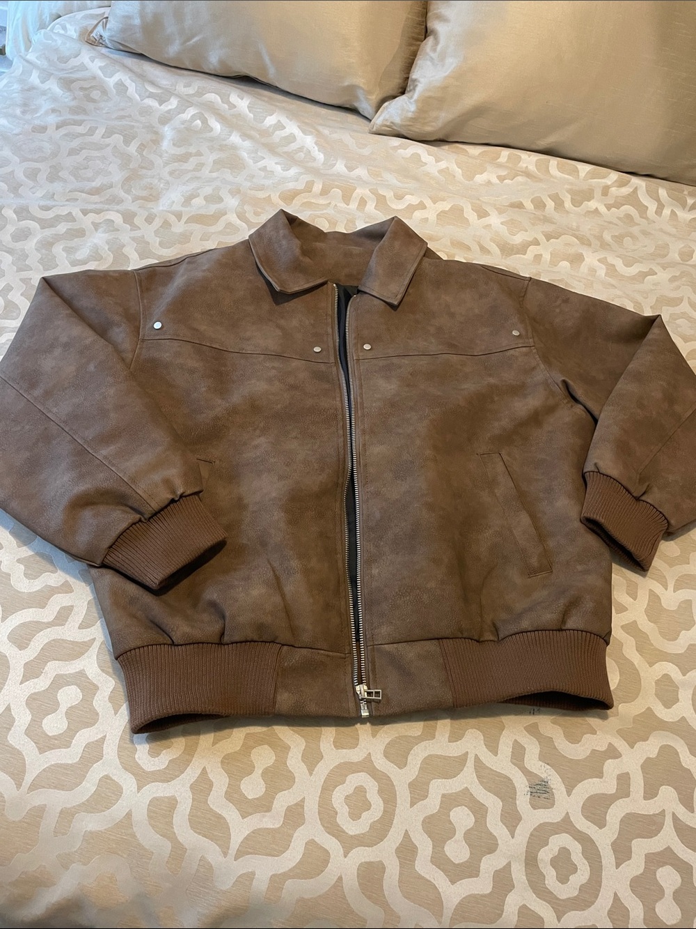 Men's Brown Bomber faux leather Jacket - Classic Zip Front